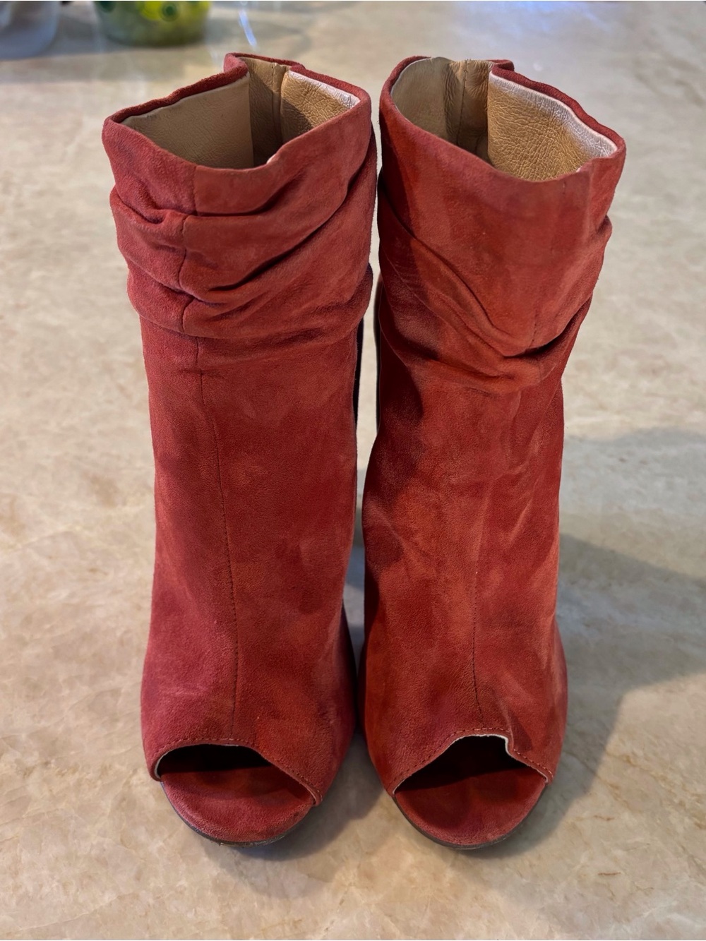Chinese Laundry Rust Suede Slouch Peep-Toe Heeled Bootie